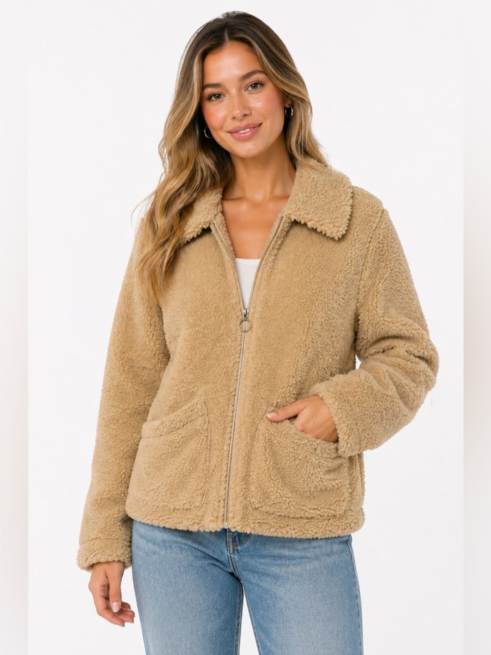 Hollister Faux Fur Teddy Style Size Small Tan Fleece Full Zip Up Jacket